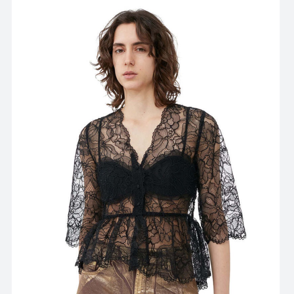 Ganni Light Lace V Neck Blouse - Black